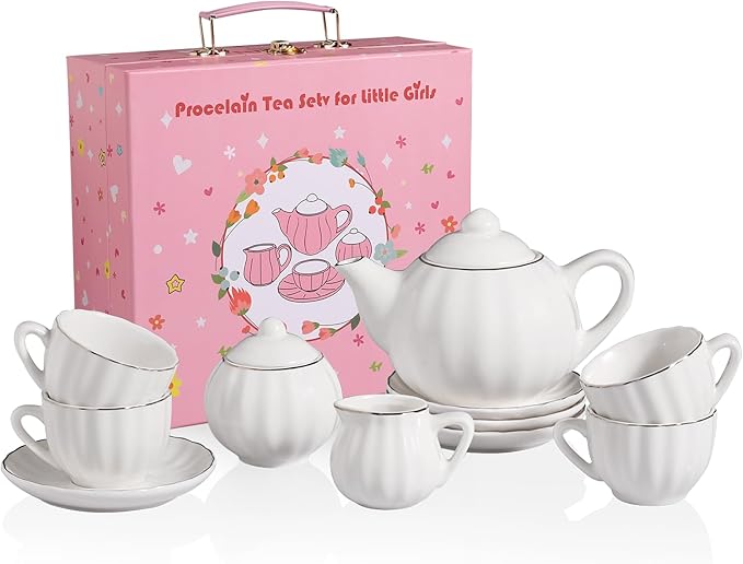 Sweejar Porcelain Toy Tea Sets British Royal Series, Vintage Style Tea Set for Children, Cups & Saucer Service for 4, with Teapot, Sugar Bowl and Cream Pitcher(White)