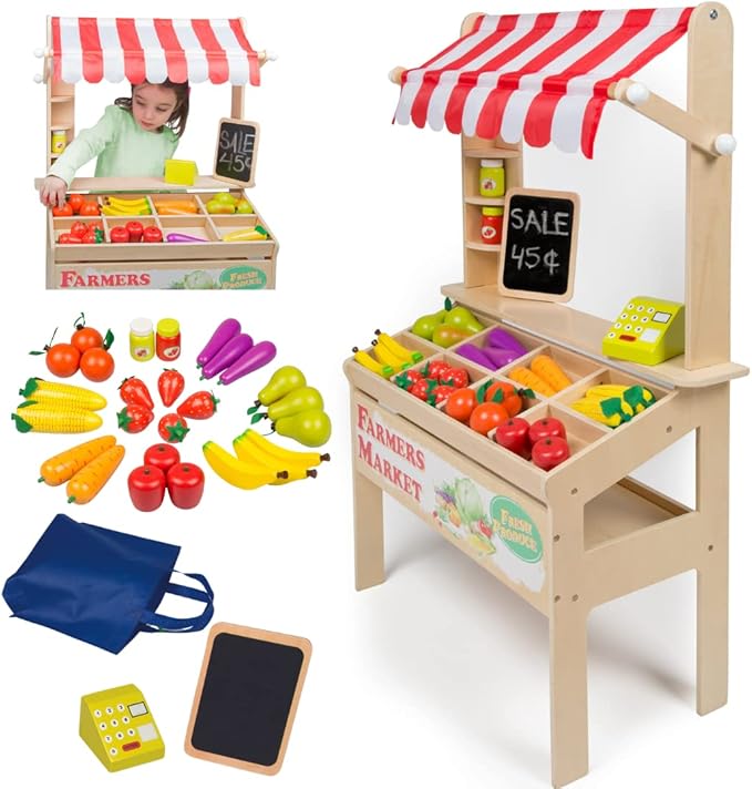 Wooden Farmers Market Stand Toy- 30+ Food PCs Include Fruit Veggies Chalkboard & Cash Register- Pretend Role Play, Fun Indoor Natural Wood Grocery Set- Playroom Daycare Activity Center- Kids Gift