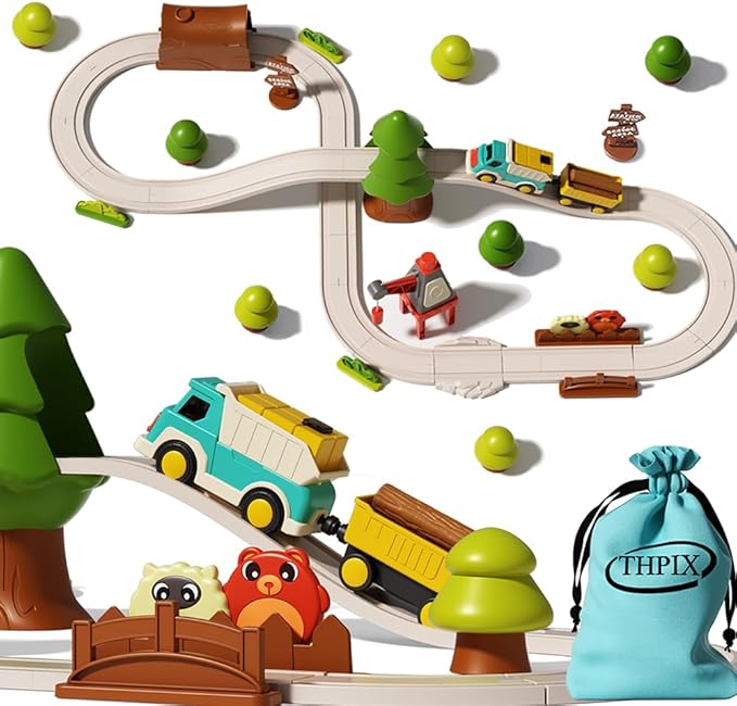 37pcs Forest Track Adventure Train Set with Magnetic Link Logging Truck,Train Track for 3-7 Years Old Toddlers & Kids, Railway Set Christmas Toys for Kids,Rail Car Set for Boys & Girls