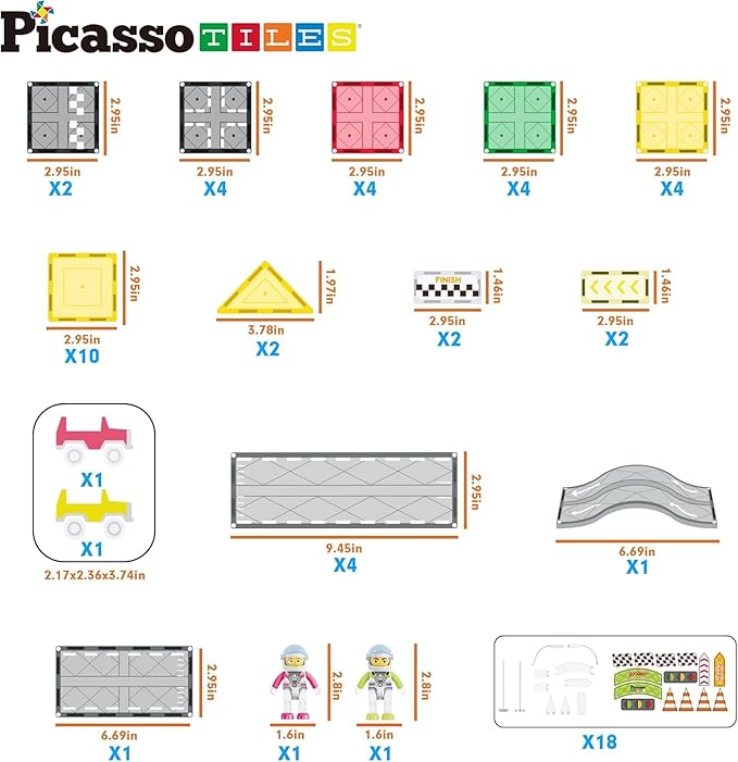 PicassoTiles Magnet Tile Race Car Track Construction Building Block Toy Kit with Character Action Figures and Racing Cars Magnetic Tiles STEM Educational Learning Pretend Play Blocks Kids Age 3+ PTR05