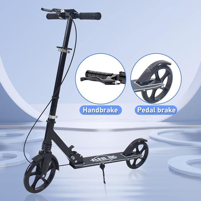 Dual-Brake Shock-Absorbing Kick Scooter, Anti-Skid PU Wheels, 4 Height-Adjustable Positions, Wider Pedals, Suitable for Children Over 6 Years Old, Teenagers & Adults