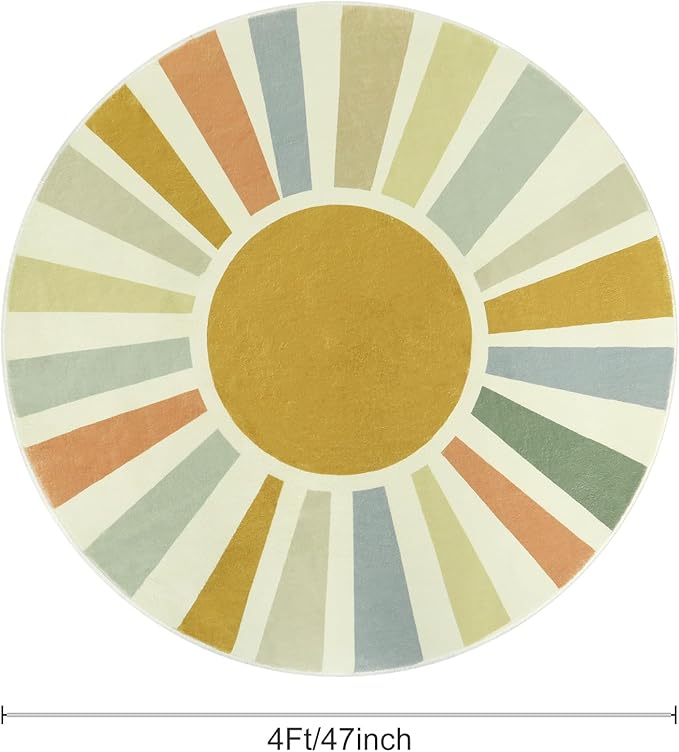 STARUIA Boho Round Rug 4 Ft Washable Area Rug for Kids Room, Colorful Sun Circle Rug for Playroom, Non-Slip Circular Office Carpet Soft Rainbow Rug for Bedroom Reading Corner Dorm
