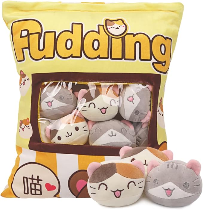 ARELUX Cute Cat Plush Pudding Pillow:Snack Pillow Toys Bag Removable Stuffed Animal 8Pcs Sets Creative Plush,Soft Yellow Cat Plushie Animal Throw Pillow,Dolls Friends Family Member
