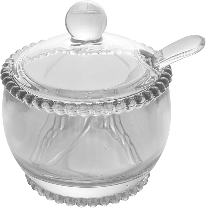 WOLFF - Pearl Crystal Beaded Sugar Bowl with Lid and Spoon - Sugar Holder, Dish for Candy Dispenser, Jelly Jar (Clear, Sugar Bowl)