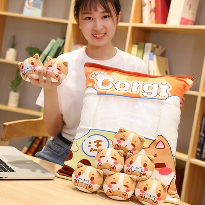 ARELUX Cute Corgi Plush Pudding Pillow:Snack Pillow Toys Bag Removable Stuffed Animal 8Pcs Sets Creative Plush,Soft Dog Puppy Plushie Throw Pillow,Dolls Friends Family Member