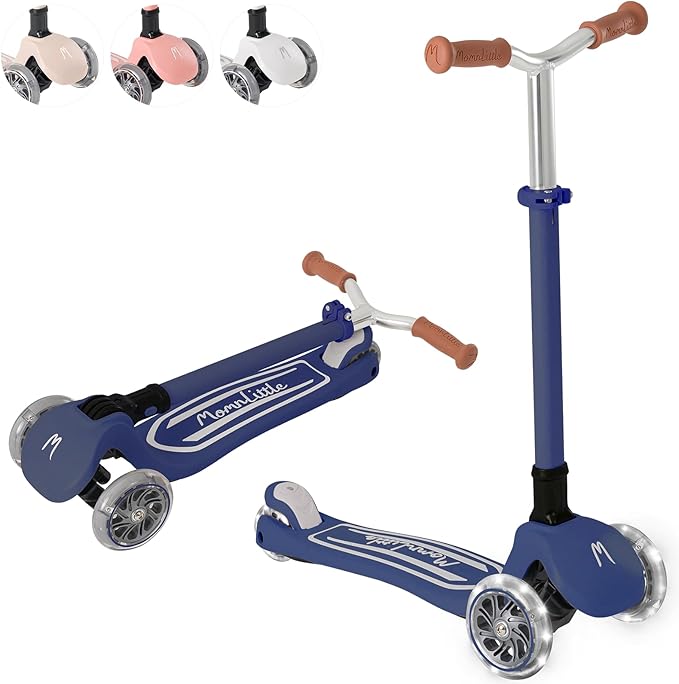 MomnLittle Kick Scooter for Kids Ages 3-10 (Beige/Pink/Navy/White) 3 Wheeled with LED Light-Up Wheels CPSC Certified Foldable and 4 Height Adjustable Toddler Scooters for Boys Girls