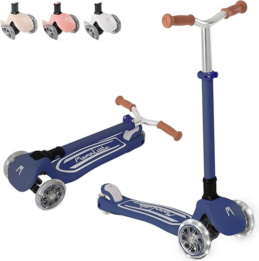MomnLittle Kick Scooter for Kids Ages 3-10 (Beige/Pink/Navy/White) 3 Wheeled with LED Light-Up Wheels CPSC Certified Foldable and 4 Height Adjustable Toddler Scooters for Boys Girls