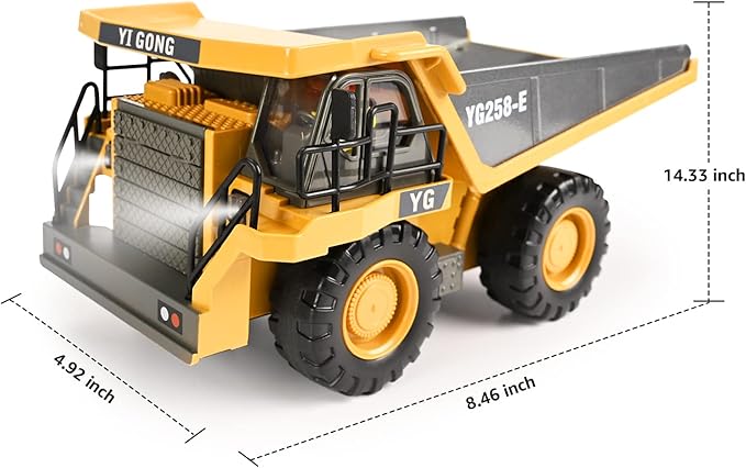 Remote Control Dump Truck Toys 9 Channel 2 Batteries RC Construction Toy Vehicles with Metal Bed Lights/Sounds, Birthday Gifts for Boys Age 3+
