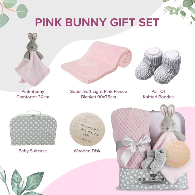 Baby Girl Gift Set New Born Baby Gift Baby Pink Bunny Security Blanket Soft Fleece, Suitcase Keepsake Box Blanket Booties & Baby Gift Basket Unique Present fBaby Shower & Newborn Lovey Welcome