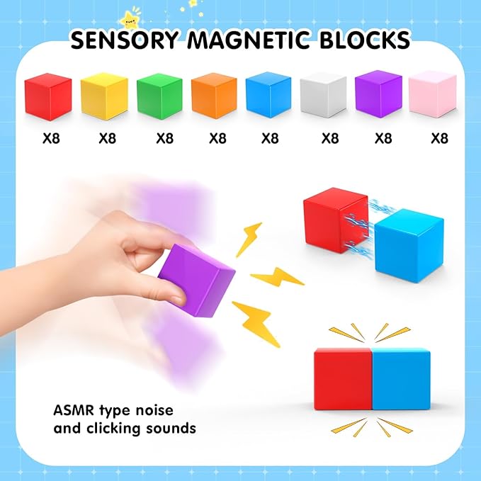 64 Pcs Magnetic Blocks, Magnet Blocks, Magnetic Cubes Blocks for Kids, Learning Educational Stem Blocks for Kids Ages 4-8