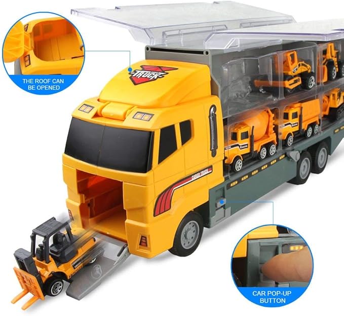 Coolplay 11 in 1 Construction Cars and Trucks Toy for Boys Yellow Truck Carrier Toy Set Little Die-cast Vehicles Mini Excavator Backhoe Mixer Dump Truck Cars for Kids Ages 3-8