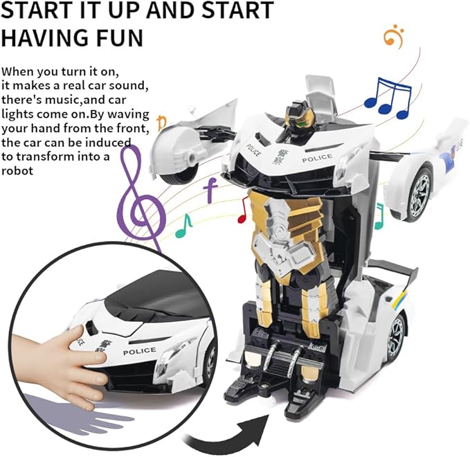 Transform Remote Control Car, 1:12 Scale Police Car Toy, One Button Deformation & Gesture Sensing Robot Car, Transforming Toys with Light Music 360° Drift, RC Cars for Boys Age 8-12