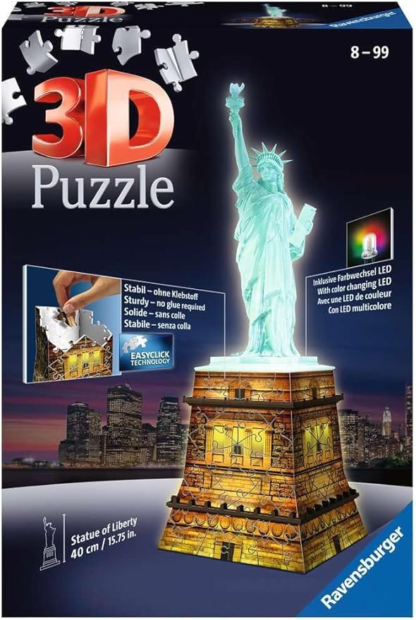 Ravensburger Statue of Liberty Night Edition - 108 Piece 3D Jigsaw Puzzle for Kids and Adults | Precision Fit with Easy Click Technology | Durable Display Piece | Over a Century of Quality