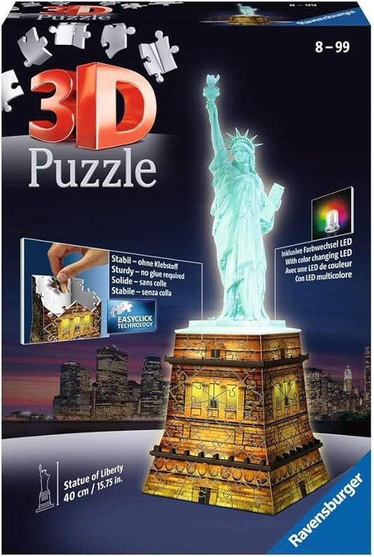 Ravensburger Statue of Liberty Night Edition - 108 Piece 3D Jigsaw Puzzle for Kids and Adults | Precision Fit with Easy Click Technology | Durable Display Piece | Over a Century of Quality