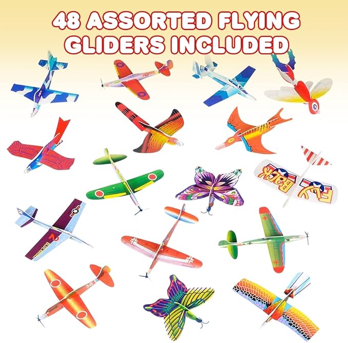 ArtCreativity Foam Flying Glider Assortment for Kids, Set of 48, Lightweight Planes with Various Designs, Individually Packed Airplanes, Fun Birthday Party Favors, Goodie Bag Fillers for Boys & Girls