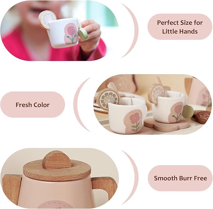 Wooden Tea Set for Little Girls, Pretend Play Tea Party Set Toy with 27 PCS Play Kitchen Accessories, Princess Tea Set Toy, Birthday Gift for Kids 2 3 4 5 Years Old, Improve Imagination