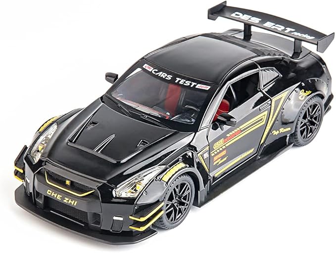BDTCTK 1/24 Scale Compatible for Nissan GTR Model Car Toy, Zinc Alloy Pull Back Toy car with Sound and Light for Kids Boy Girl Gift (Black)