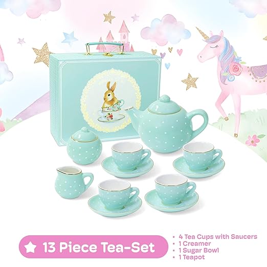 Jewelkeeper Porcelain Tea Set for Little Girls - 13-Piece Tea Party Set with Carrying Case - Kids Tea Set for Ages 3 and Above - Safe and Durable Mini Tea Cup and Saucer Set - Turquoise Polka Dot
