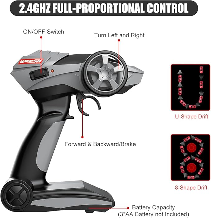 Dollox RC Drift Car 1/16 Scale Remote Control Car 2.4GHz 4WD 30+KM/H High Speed Vehicle with LED Lights, Extra Drifting Tires Racing Vehicle Toys Birthday Gifts for Boys Adults, 2 Batteries, Black