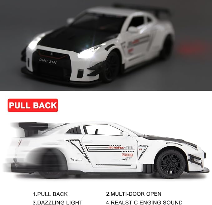 BDTCTK 1/24 Scale Compatible for Nissan GTR Model Car Toy, Zinc Alloy Pull Back Toy car with Sound and Light for Kids Boy Girl Gift (White)