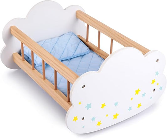 BABESIDE Wooden Baby Dolls Bed for 12-16 Inches Doll, Rocking Babys Doll Crib, Sleep Bed, Baby Dolls Accessories Furniture fit Newborn Dolls Boys & Girls