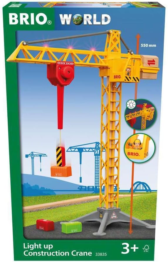 BRIO 33835 Construction Crane with Lights | Premium Wooden Toy Train Set | Ideal for Kids Age 3 and Up | Built with Sustainable Materials | Yellow