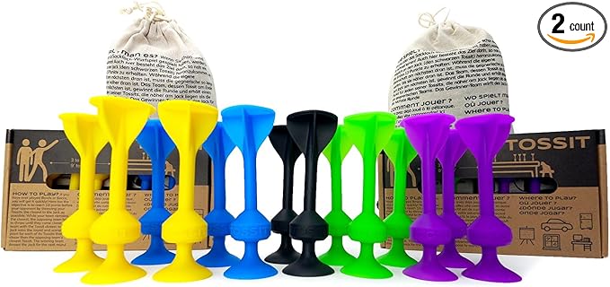 TOSSIT Game Suction Cup Darts, Toss Game Perfect Family and Party, Silicone Throwing Game for Backyard, Indoor and Outdoor Fun, Twin Pack, Purple Green Blue Yellow