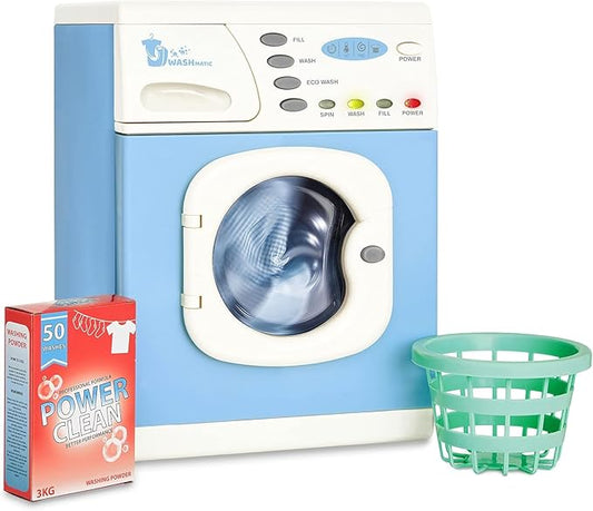 Casdon Blue Electronic Washer - Toy Washing Machine with Spinning Drum, Lights, & Sound Effects - Includes Laundry Basket & Washing Powder Box - Playset for Children Aged 3+