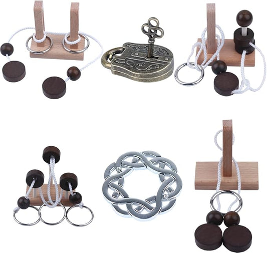 Brain Teaser Puzzle 3D Unlock Interlock Assorted Wooden and Metal ，IQ Logic Training Family Game Party Favor Coffee Table Time Unlock Interlock Mind Puzzles Box（6Pcs）