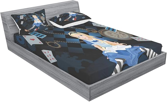 Ambesonne Alice in Wonderland Fitted Sheet & Pillow Sham Set, Grown Giant Girl Sitting Flying Cards and Rose Checkered Cartoon, Decorative Printed 3 Piece Bedding Decor Set, Queen, Dark Blue