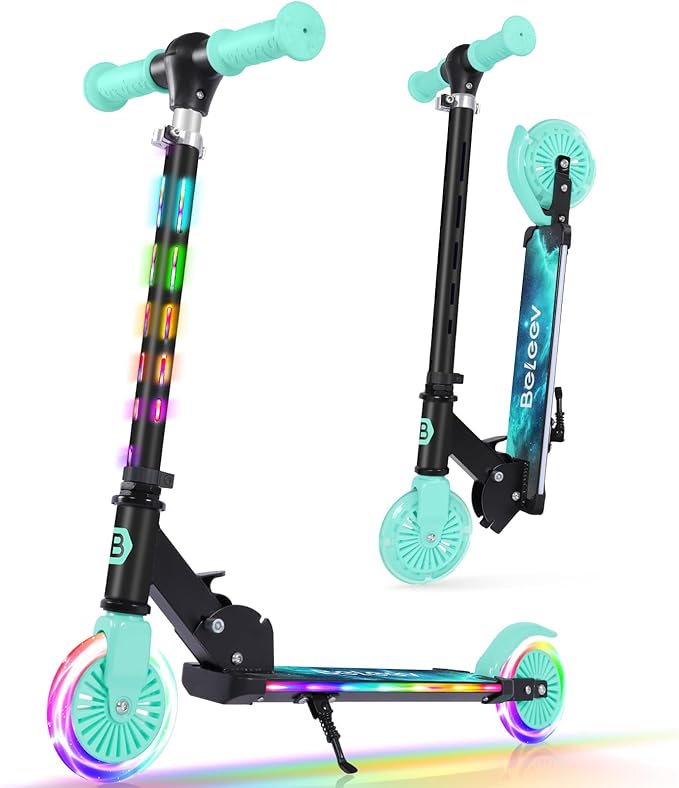 BELEEV V3 Scooter for Kids with Light-Up Wheels & Stem & Deck, 2 Wheel Folding Scooter for Girls Boys, 4 Adjustable Height, Lightweight Kick Scooter with Handy Kickstand for Children Ages 3-12