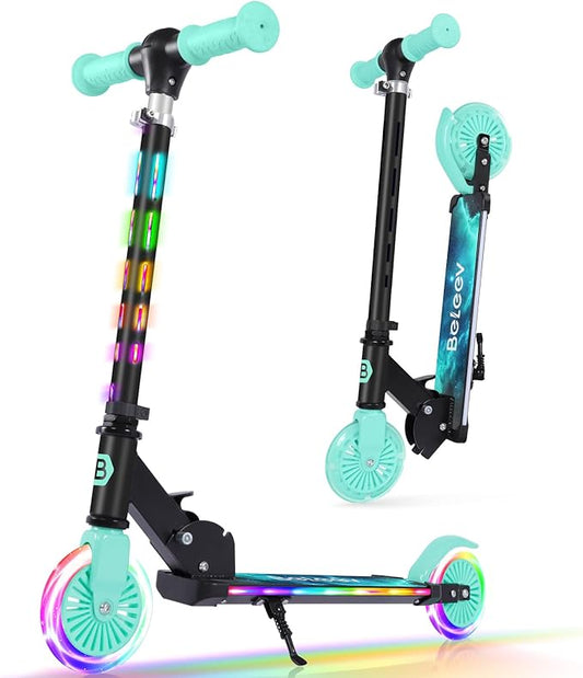 BELEEV V3 Scooter for Kids with Light-Up Wheels & Stem & Deck, 2 Wheel Folding Scooter for Girls Boys, 4 Adjustable Height, Lightweight Kick Scooter with Handy Kickstand for Children Ages 3-12