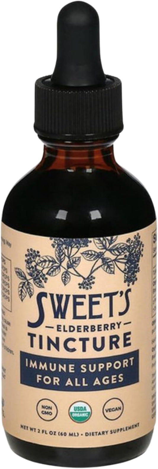 Sweet's Elderberry Tincture | USDA Organic | Alcohol-Free | Black Elderberry | Immune Support for All Ages | Travel-Friendly 2 oz Bottle with Dropper | Vegan | Keto | Non-GMO | Unsweetened