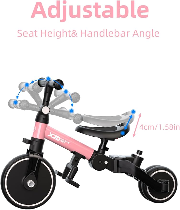 XJD Toddler Bike, 6 in 1 Folding Toddler Tricycle for 1-4 Year Old with Push Handle, Balance Bike with Removable Pedal,Backrest, Adjustable Seat Height and Handle, First Birthday Gifts (Pink)