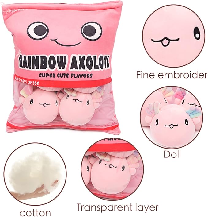 ARELUX Cute Axolotl Plush Pillow:Removable Stuffed Animal Bag Plushie 6Pcs Sets Stuffed Salamander Throw Pillow Soft Pink Axolotl Plush Toys Doll Creative Birthday Friends Family Member