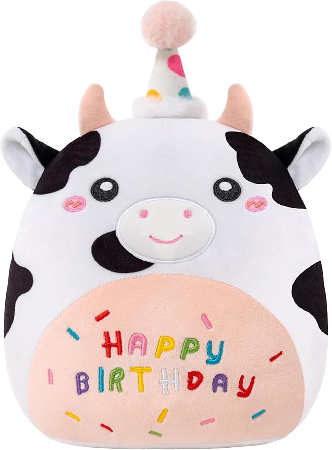 SQEQE Cow Stuffed Animal Kawaii Cow Plushie with Birthday Hat Soft Cow Stuffed Toy Birthday Party Decoration Gift for Kids Girls Boys(Dairy Cow,10 Inch)