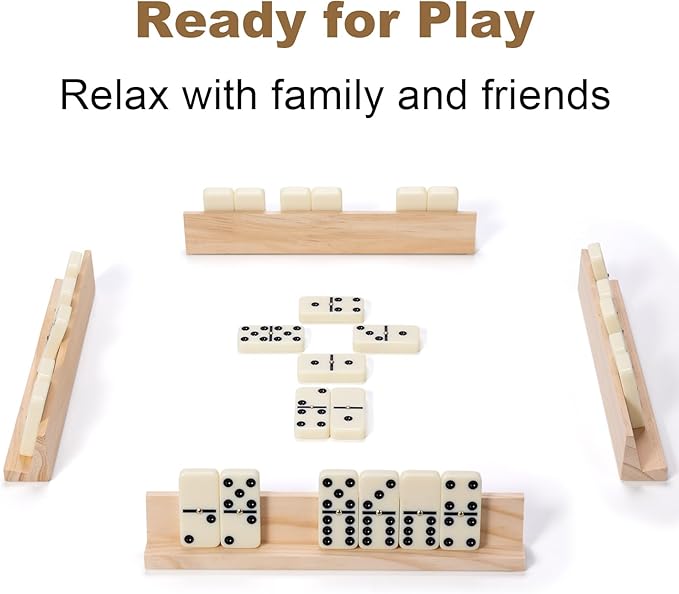 Dominoes Set for Adults, 28 Tiles with 4 Wooden Racks/Trays, Portable Double 6 Domino Game Set, Classic Board Game for Family Fun