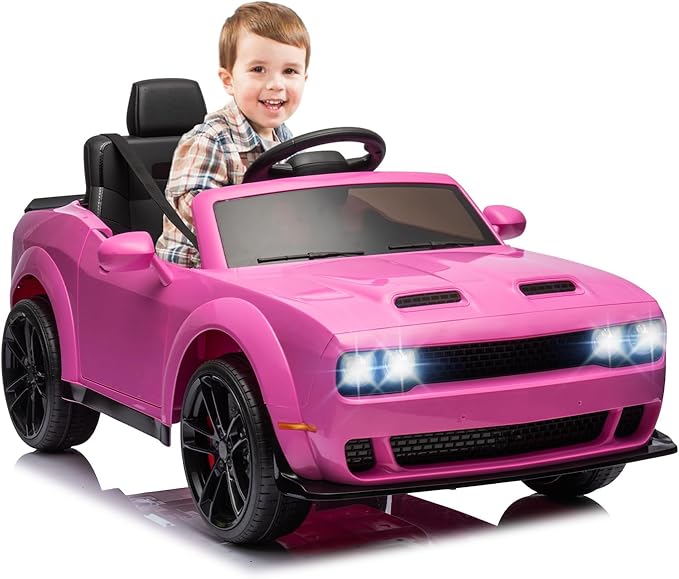 Kids Electric Car | Licensed Dodge Challenger Ride-On 12V Battery-Powered Vehicle with Remote, LED Lights, Bluetooth, MP3 for Boys and Girls, Pink