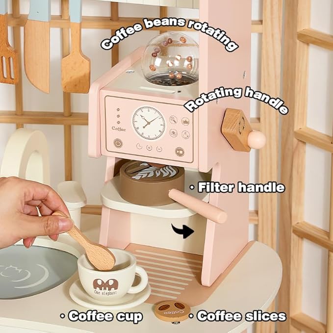 Play Kitchen for Kids - Wooden Pretend Play Kitchen Set Toy with Washing Machine and Coffee Grinder, Toys Kitchen Gift for 3+ Year Old Kids, Girls & Boys