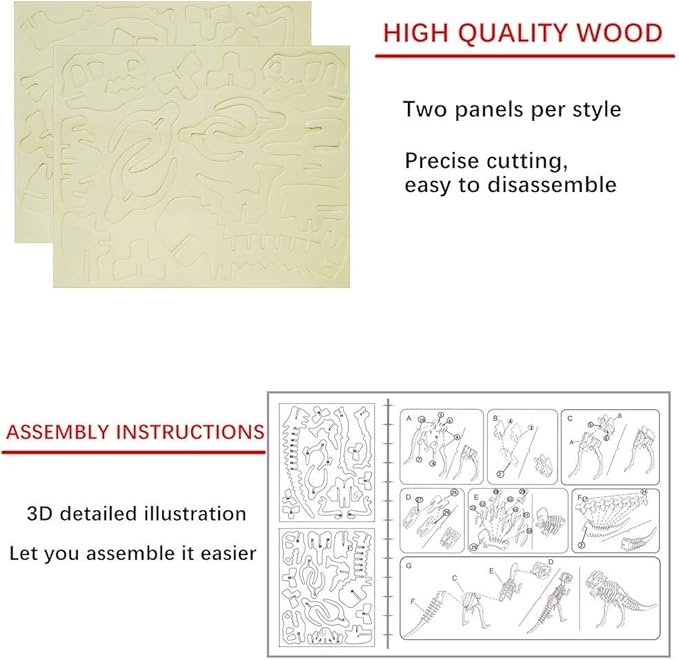 3D Wooden Dinosaur Puzzle - 6 Piece Set Wood Dinosaur Skeleton Model Puzzle - DIY Wooden Crafts 3D Puzzle - STEM Toys Gifts for Kids and Adults