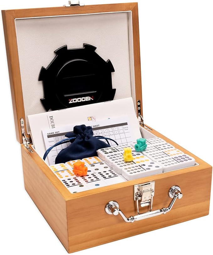Double 12 Coloured Dot Dominoes Mexican Train Game Set with Wooden Case, 91 Tiles 9 Trains, Scoreboard, Acrylic Game hub