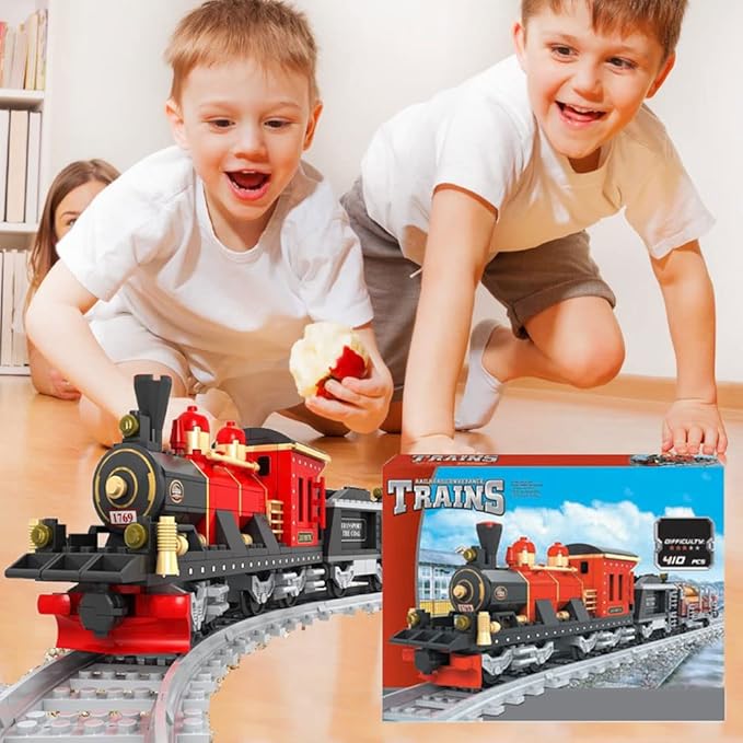 Building Block City Freight Train, Retro Cargo City Train Set - Construction Brick for Kids Boys 6-12, 410 Pieces Adults and Teens