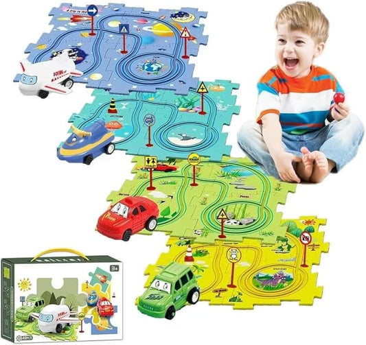4 Sets 4in1 Puzzle Racer Kids Car Track Set,4 Theme Jigsaw Puzzle Racer Car Track Set Puzzle Track Car Play Set Puzzle Raceway Car Track Preschool Gifts for Kids Christmas Birthday Gift for Boys Girls