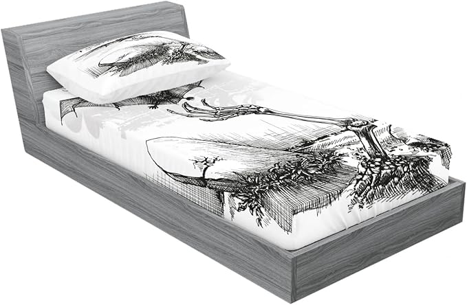 Ambesonne Halloween 2 Pack Fitted Sheet & Pillow Sham Set, Skull Zombie, 4 Pcs Bedding Decor, Package Contains 2 Twin Size Fitted Sheets & 2 Pillow Covers, Black Ecru