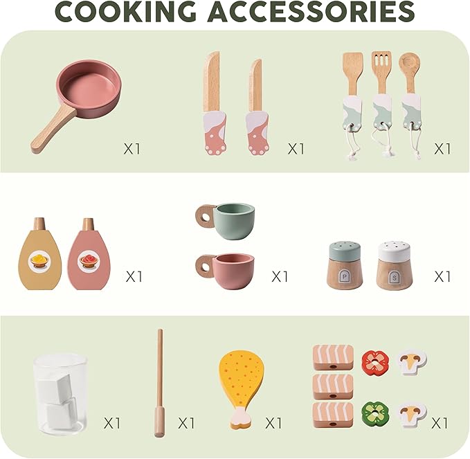 ROBUD Wooden Play Kitchen Set for Kids Toddlers, Pretend Kitchen Playset with BBQ Grill, Ice Maker, Coffee Machine, and Accessories, Toy Kitchen Gift with Lights & Sounds for Girls & Boys, Age 3+