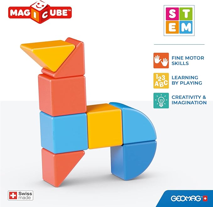 Geomag Swiss-Made MagiCube 9-Piece Magnetic Animal Shapes Building Set, Shaped Stacking Blocks for Toddlers & Kids Ages 1-5, STEM Educational Toy, Creativity, Imagination, Early Learning Fun