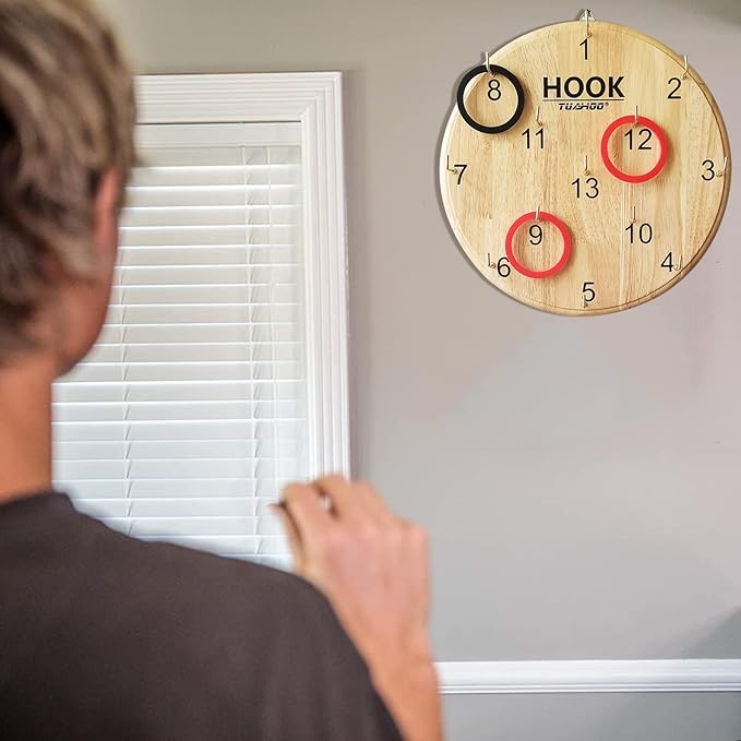 Hook Ring Toss for Kids Adults Indoor Outdoor Family Fun, Wooden Board Darts Wall Game for Game Room, Man Cave, Dorm, Yard Hookey Ring Tossing Games for Home, Party, Office, Backyard