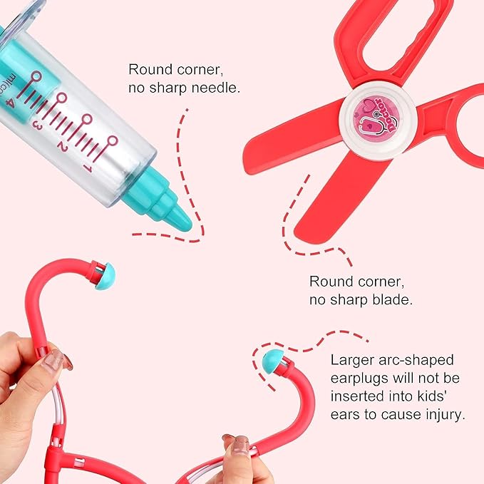 deAO Doctor Kit for Kids Ages 3+, Pretend Doctor Play Set with Doctor Cart, Costume and Stethoscope, Toddlers Doctor Role Playset Medical Kit for Girls Boys (Pink)