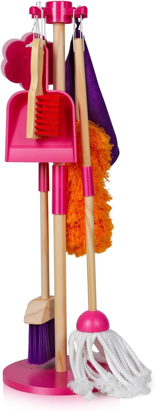 Masthome 8 Pieces Kids Cleaning Set,Wooden Cleaning Toys for Kids Broom Dustpan Mop Brush Duster Rag Sponge and Hanging Stand,Skill Developmental Pretend Play Kit for Toddlers,Children