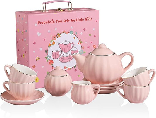 Sweejar Porcelain Tea Set for Little Girls,Kitchen Toys Tea Party Set for Kids Toddler Kitchen Pretend Toy Include Children Teapot, Cup & Saucer Set of 4, Sugar Bowl and Cream Pitcher(Pink)